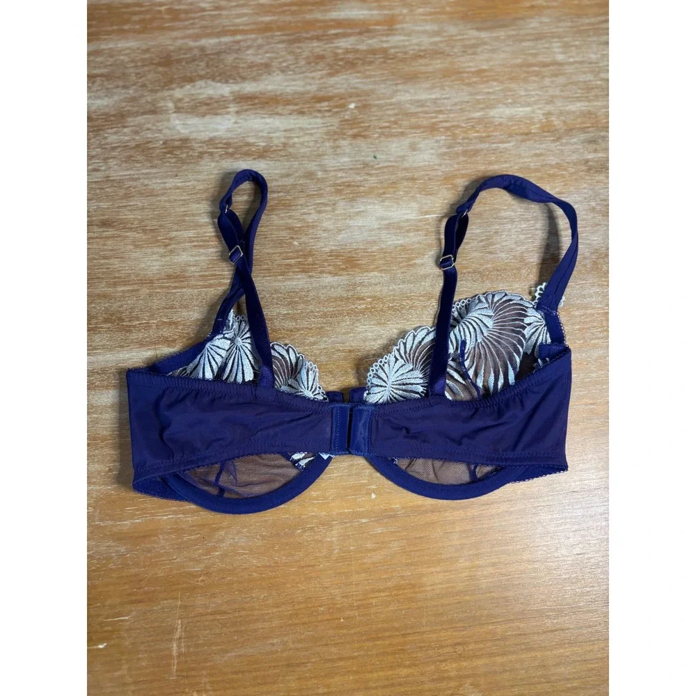 Wacoal Retro Chic Underwire Bra 36D Blue Floral Embroidery Mesh 55146